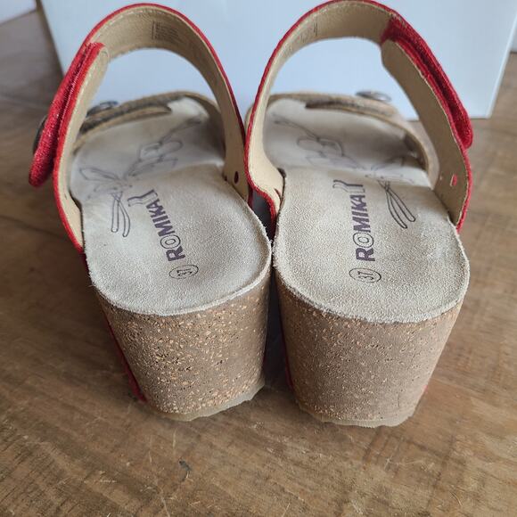 Women's Romika Beach Coral Leather Tan Red Sandal Platform‎ Slip on Sz 37 CORK 6 - Picture 4 of 8